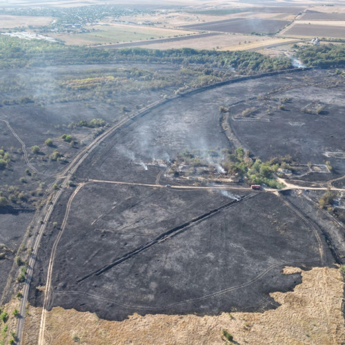 FOTO Medgidia: focul a mistuit zeci de hectare de vegetație de la marginea municipiului. Circulația a 6 trenuri a fost afectată