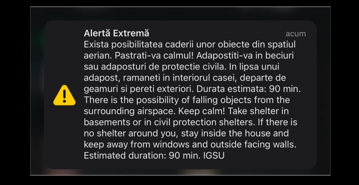 UPDATE RO-ALERT în Dobrogea, primul pe timp de zi! Localnicii din zona de nord a judeţului avertizați asupra riscului căderii unor obiecte din spaţiul aerian