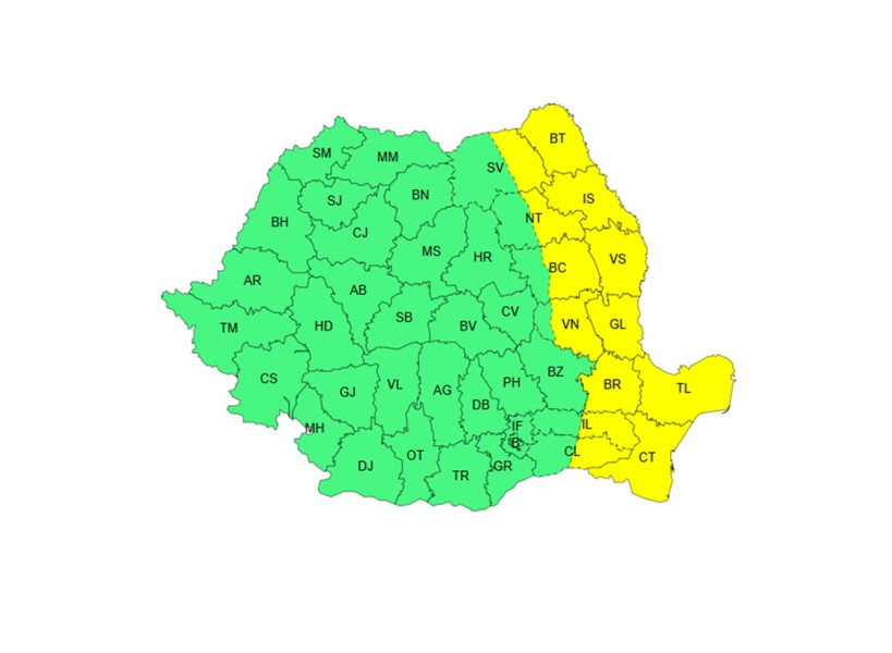 Cod galben de vânt puternic în Moldova, Dobrogea și estul Munteniei
